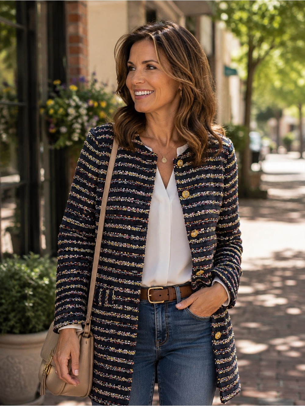 CAbi Navy Tweed Blazer with Multicolor Flecks and Gold Buttons NWT
